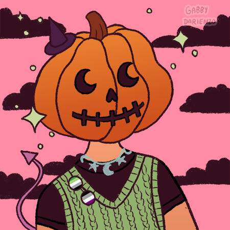 a picrew of a person with a squiggly pumpkin head. the person has a black shirt, green sweater with an aromantic and aseuxal pride flag pin. they have a demon tail, and a moon and star necklace. the pumpkin head has a purple witch hat. there's a pink backg